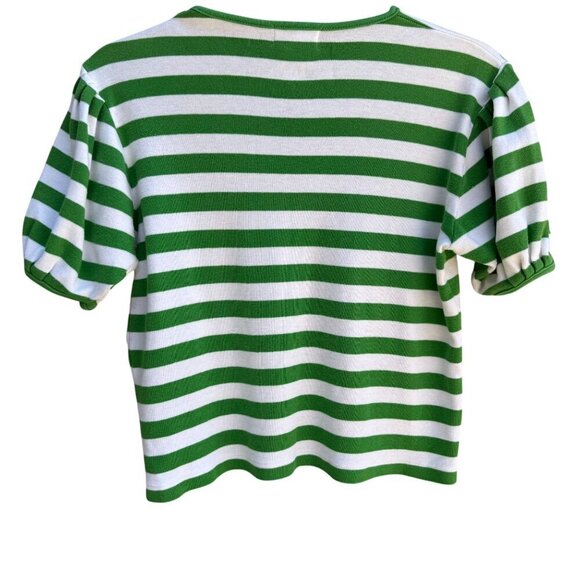 The Works Vintage Womens Green White Striped Pleated Puff Sleeve V-Neck Crop Top - Picture 6 of 8